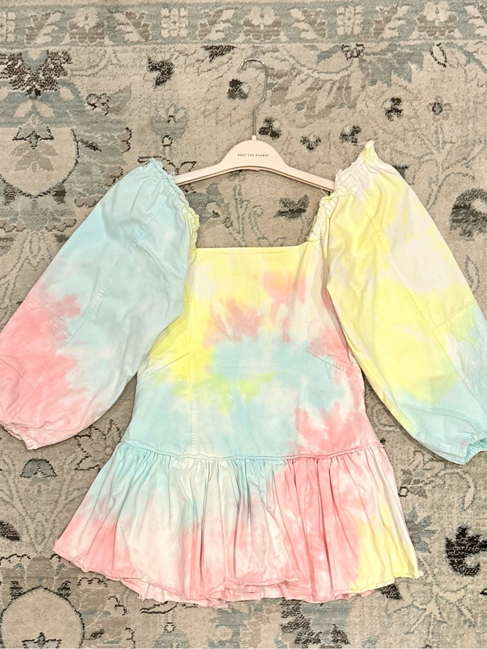 Tie-Dye Puff Sleeve Peplum Top - Pastel Rainbow
